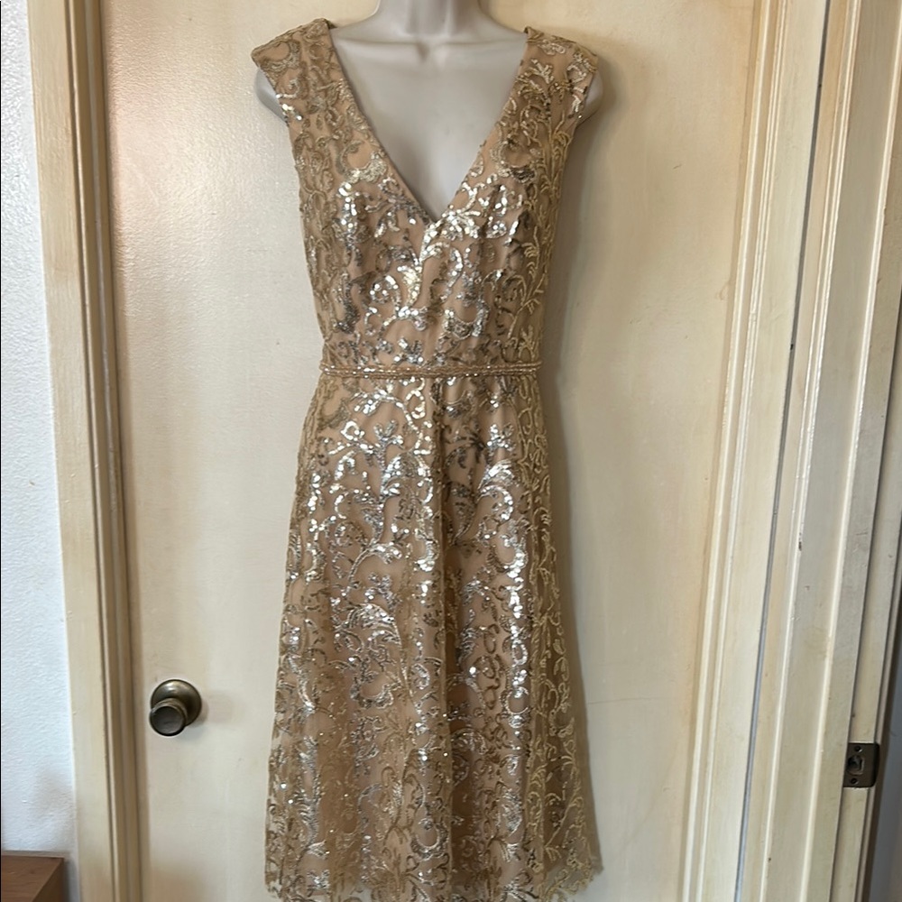 Mac Duggal Gold Sequin A-line Midi Dress size 12